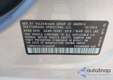 2012 Volkswagen Passat 2.5L Se from USA, damaged, VIN 1VWBH7A31CC060209